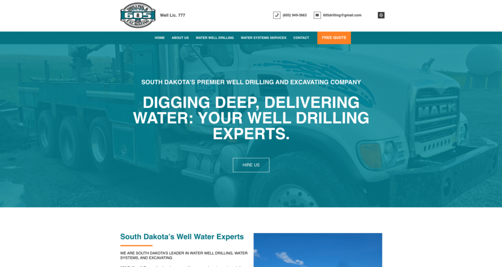 Website homepage of 605 Drilling & Excavating, showcasing Sioux Falls water well drilling services by Wattier Marketing