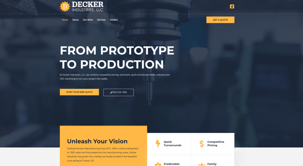 Decker Industries homepage built with Sioux Falls website development by Wattier Marketing.