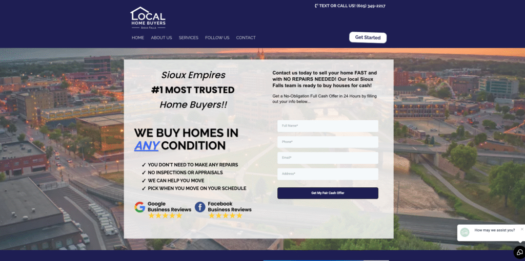 Sioux Falls cash home buyers website homepage developed by Wattier Marketing.